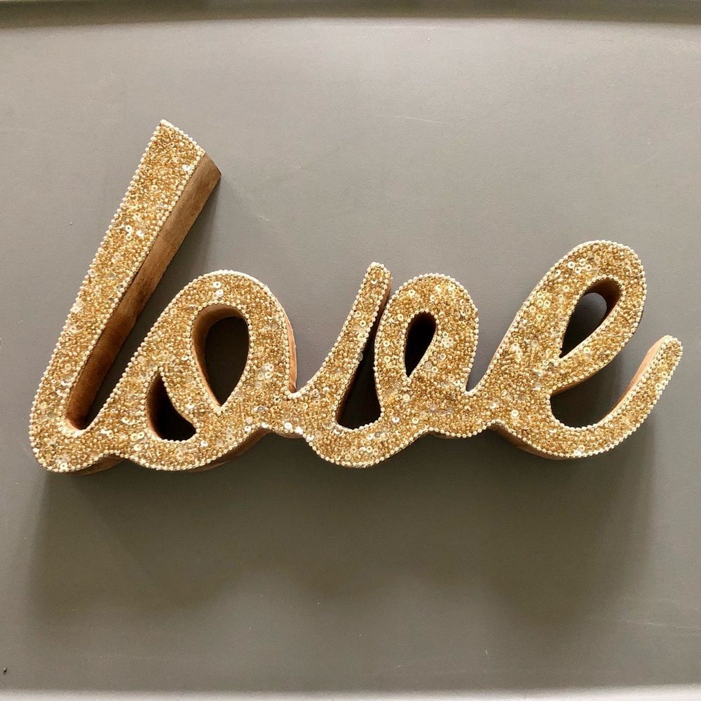 Love Cursive Script Natural Wood Gold Beads Home Decor